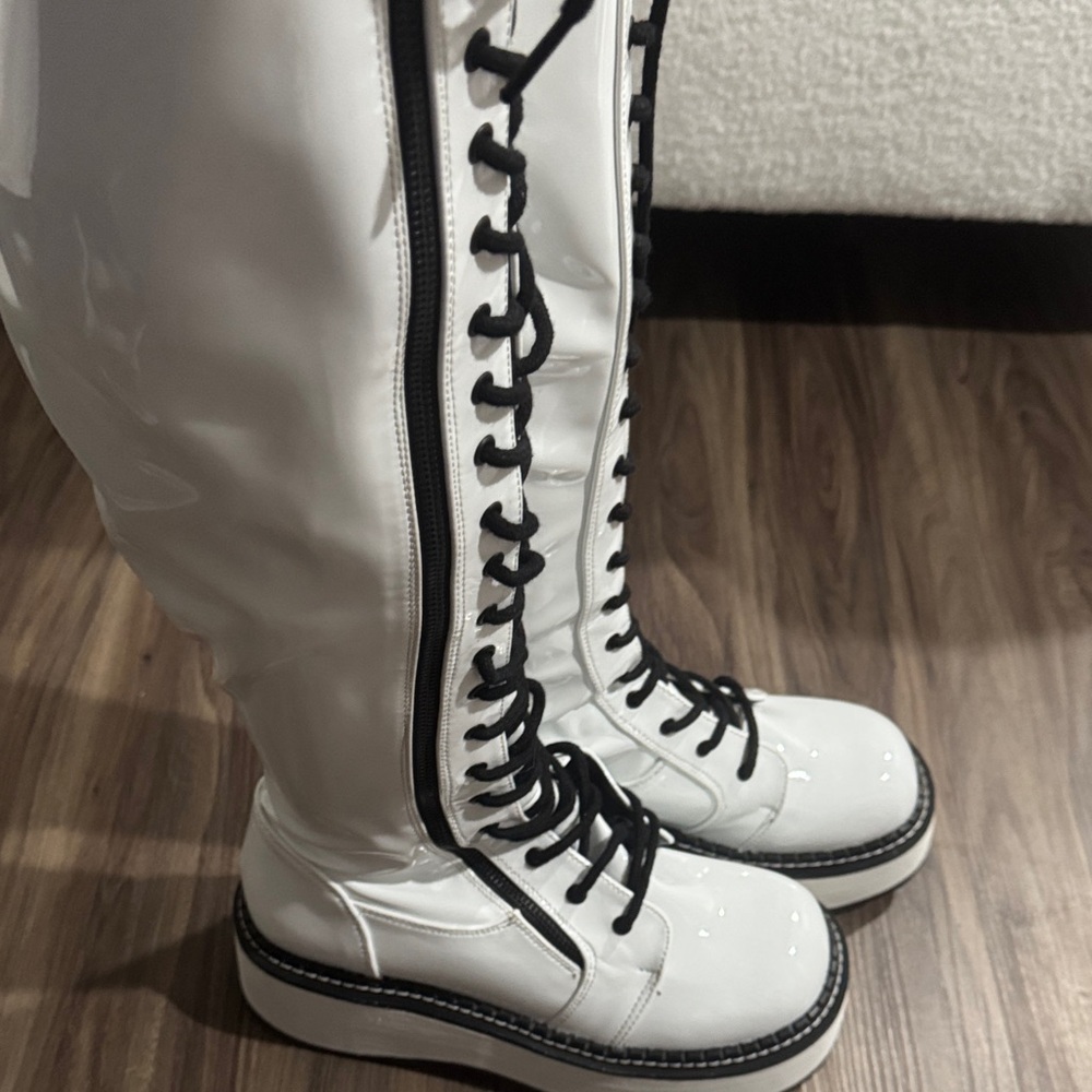Emily 375 Demonia Thigh High White Lace-Up Boots with Black Accents - Picture 4 of 8